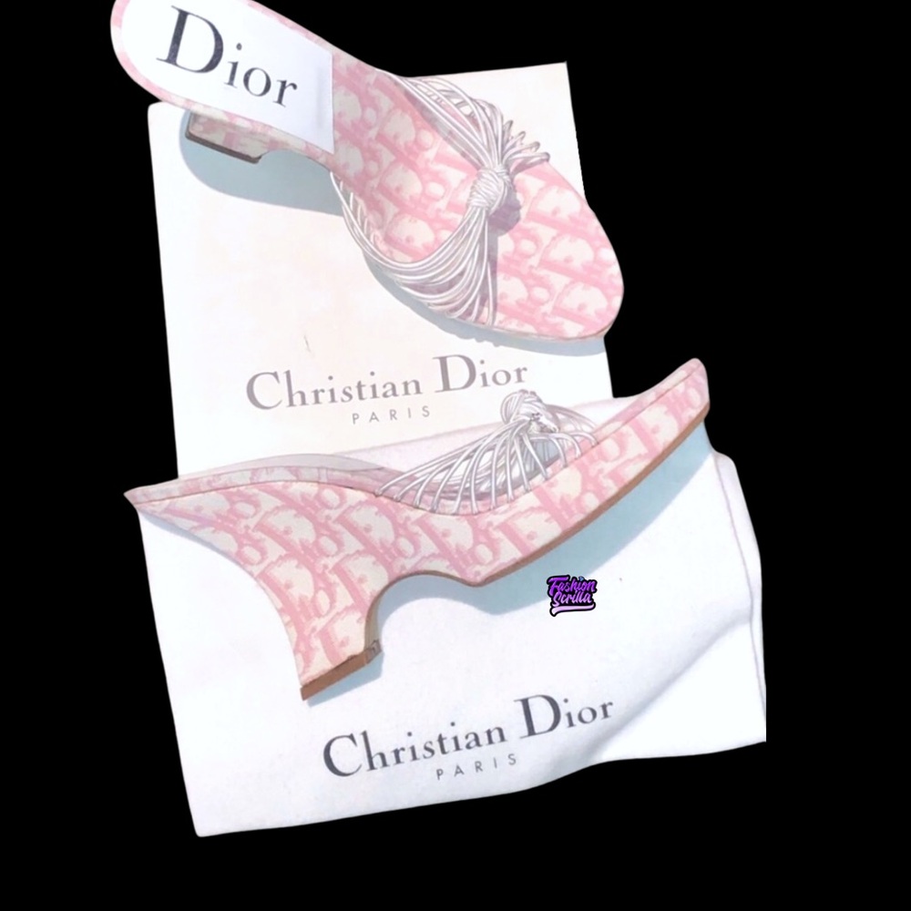 DIOR Girly Pink Monogram Logo Denim Trotter Platform Wedge Sandal Mule - Picture 8 of 15